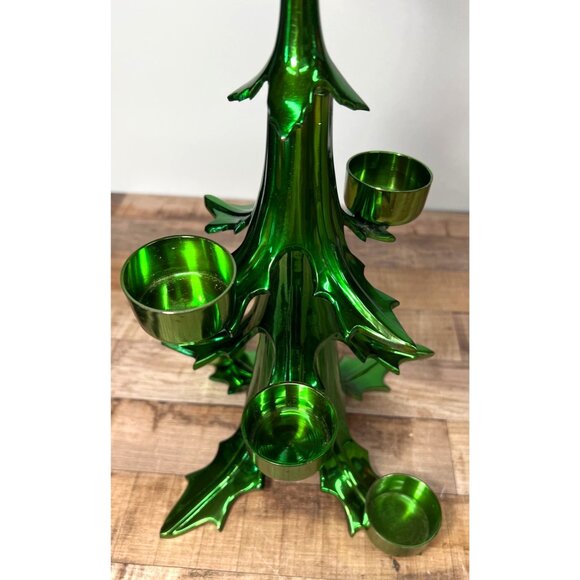 Metallic Green Christmas Tree Tealight Holder With Star Holds 6 Candles Heavy - Picture 3 of 6
